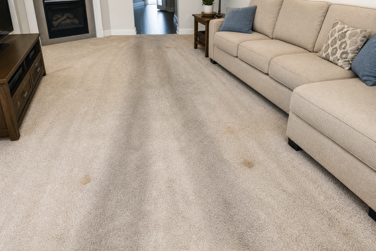 Illustrative carpet & upholstery cleaning scene before cleaning