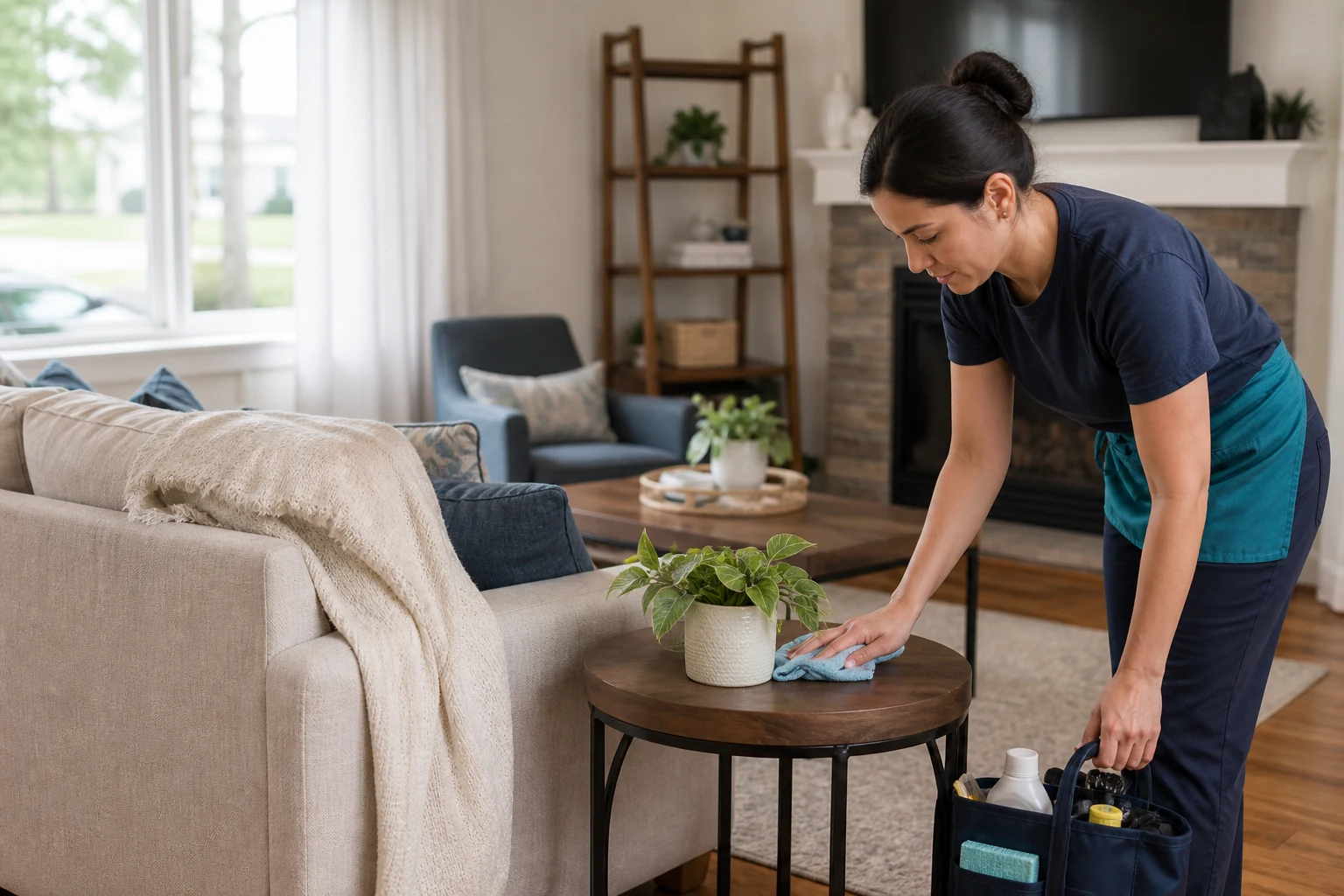 A naturally bright, carefully cleaned family living room