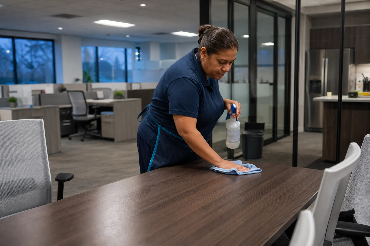 A cleaner preparing a modern office for the next workday