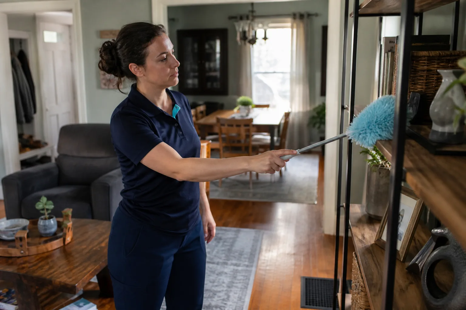 A house cleaner dusting open living-room shelving in a lived-in home