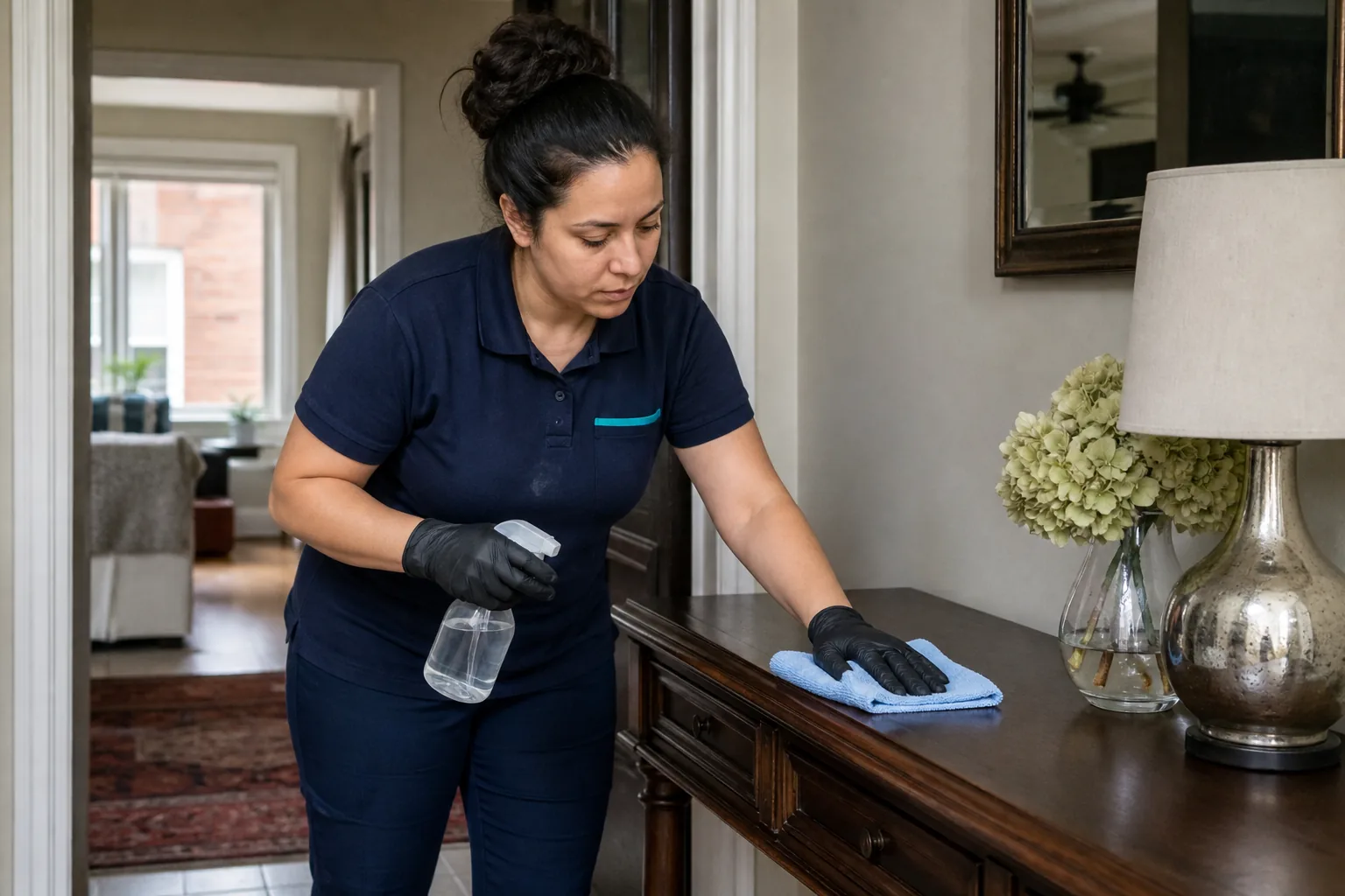 A house cleaner wiping a wood entry console in a lived-in home