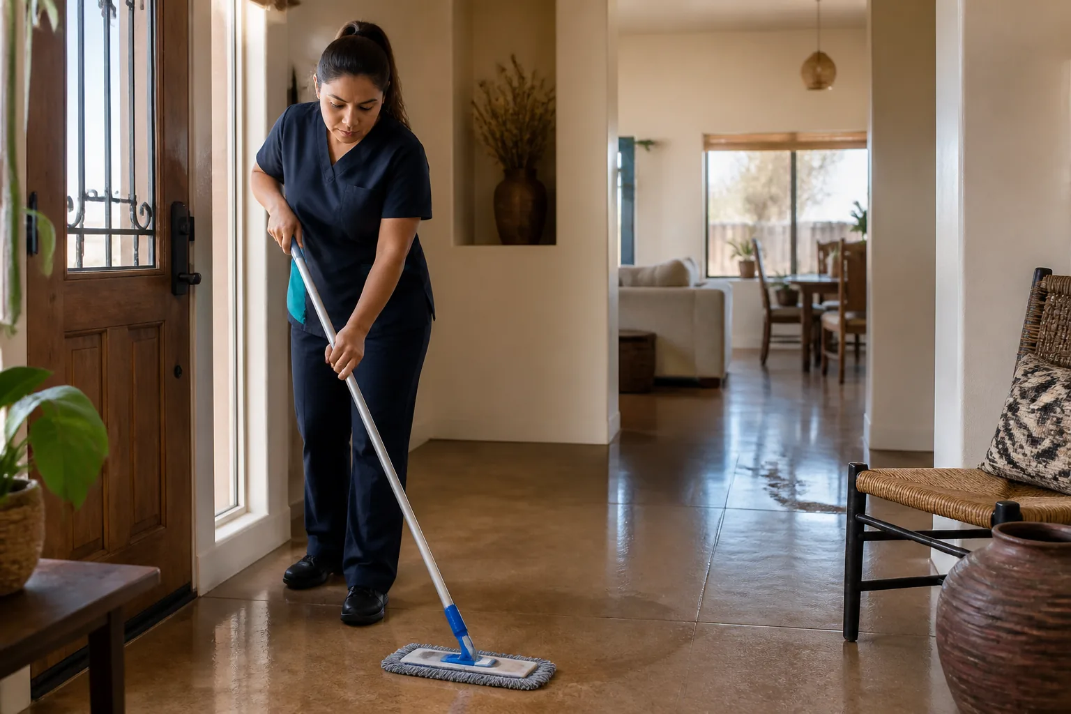 A house cleaner mopping a hard-floor entry in a lived-in home
