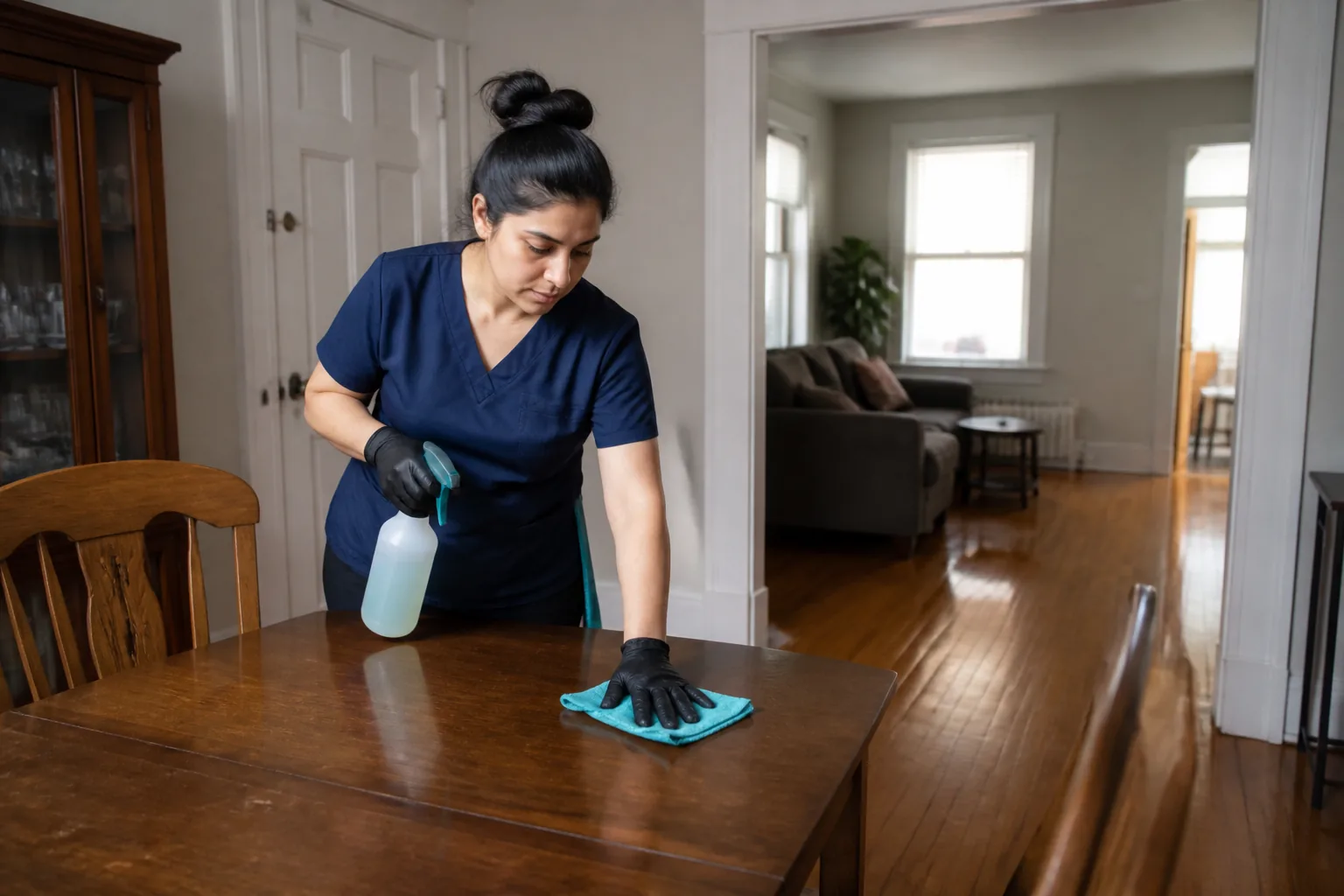 A house cleaner wiping a dining table in a lived-in home