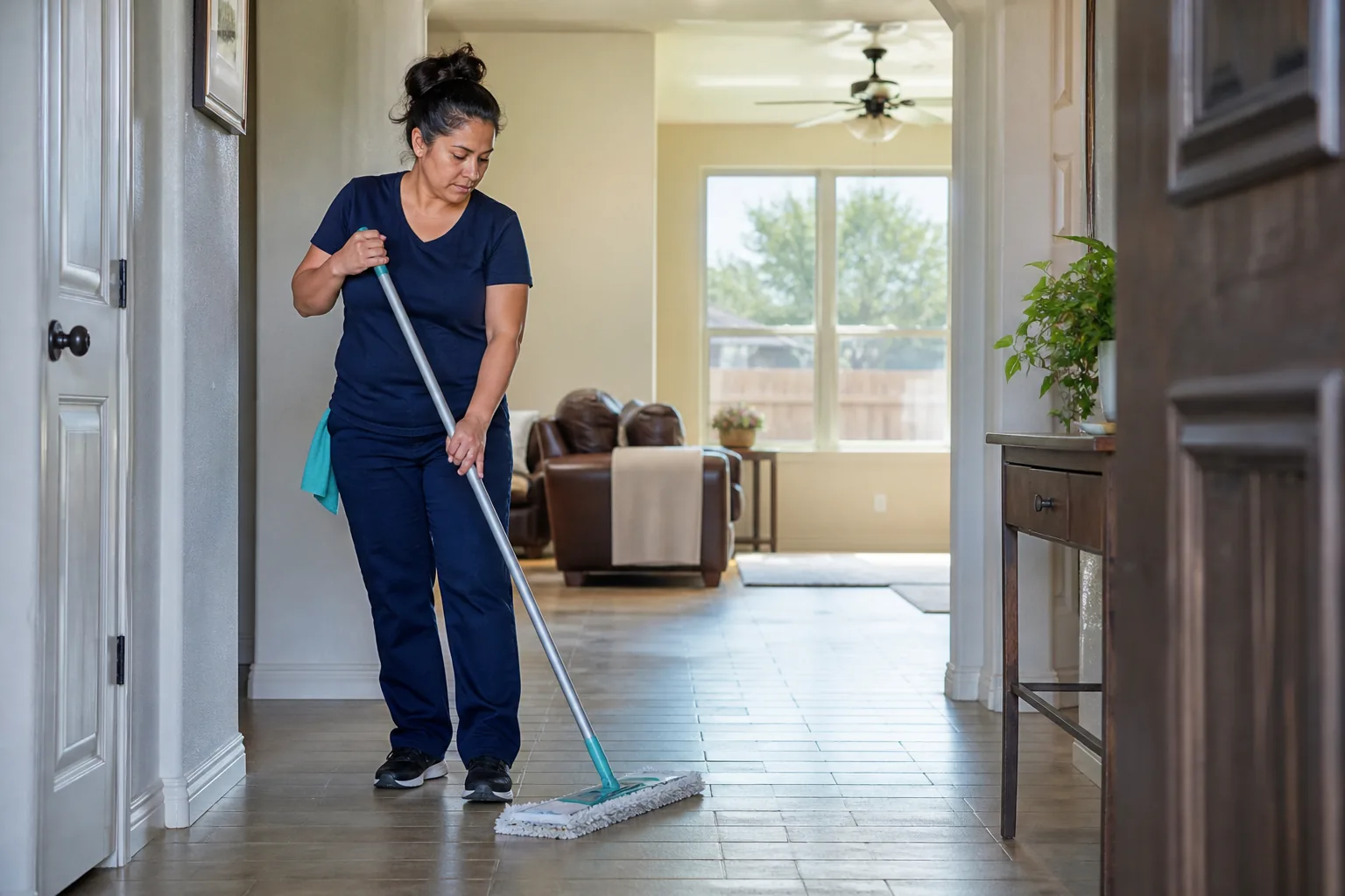 A house cleaner mopping a hard-floor entry in a lived-in home