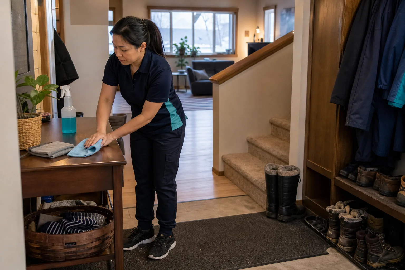 A house cleaner wiping a wood entry console in a lived-in home