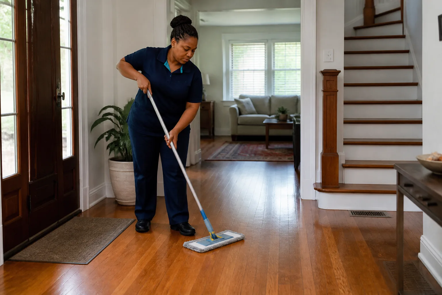 A house cleaner mopping a hard-floor entry in a lived-in home
