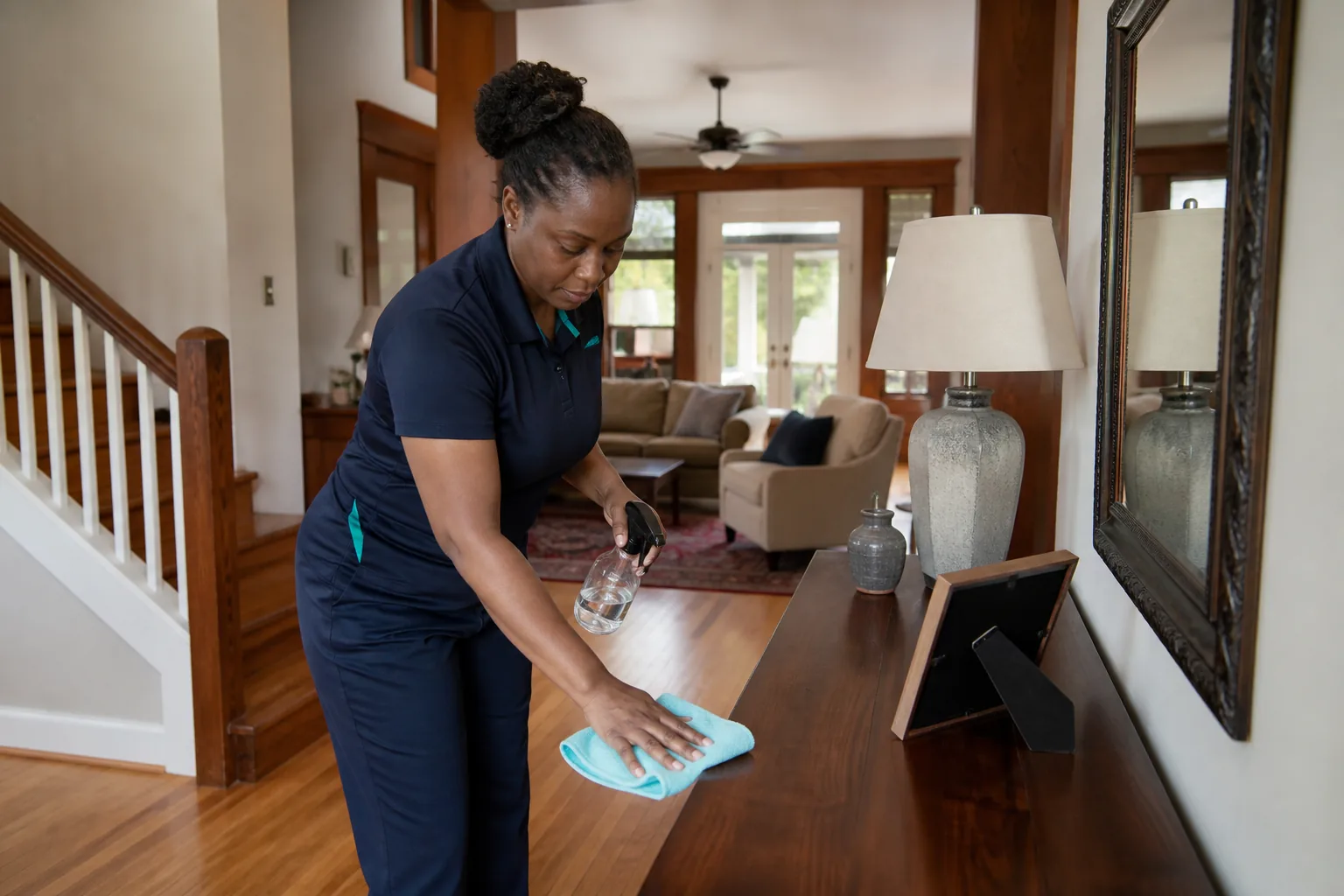 A house cleaner wiping a wood entry console in a lived-in home