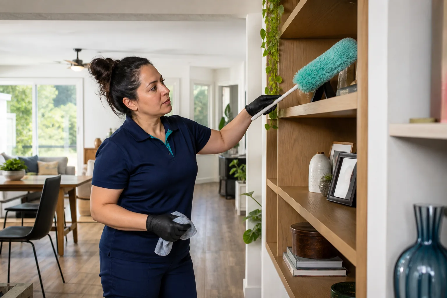 A house cleaner dusting open living-room shelving in a lived-in home