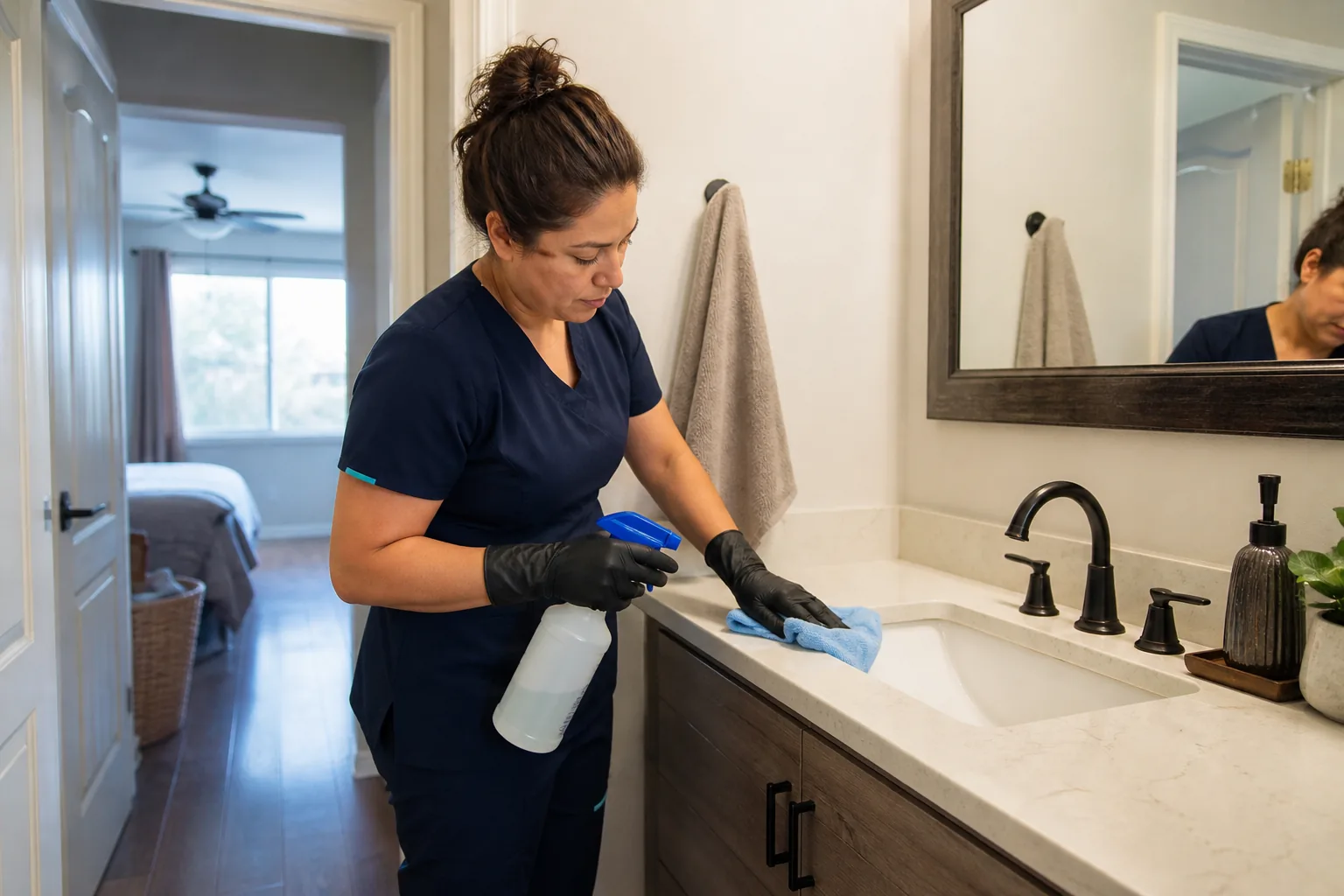 A house cleaner cleaning a bathroom vanity in a lived-in home