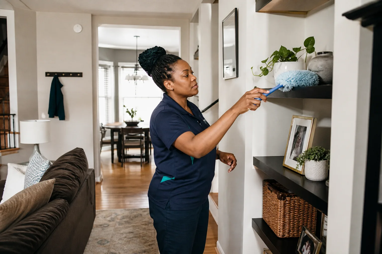 A house cleaner dusting open living-room shelving in a lived-in home