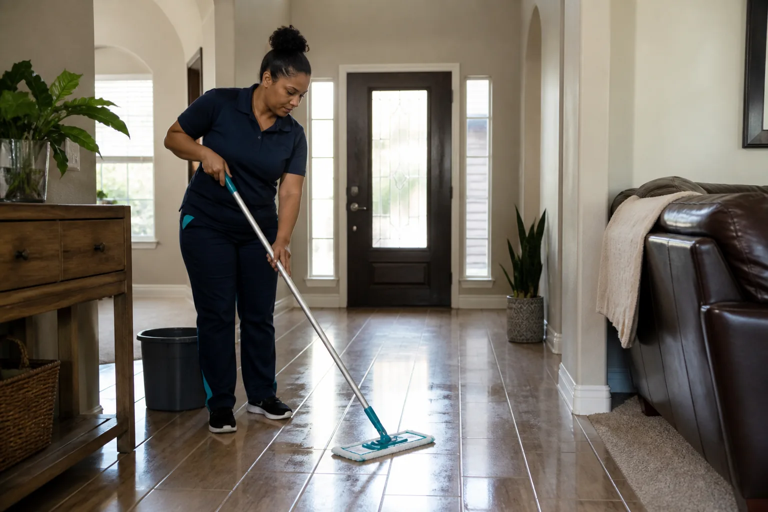 A house cleaner mopping a hard-floor entry in a lived-in home