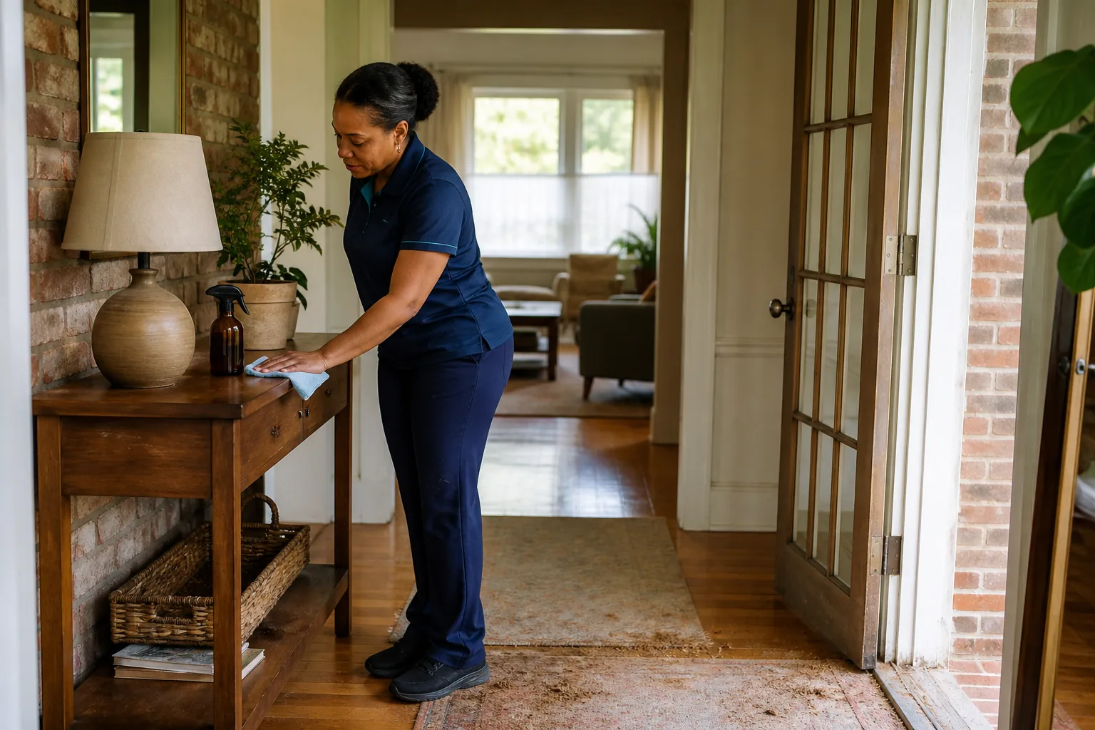 A house cleaner cleaning a kitchen island in a lived-in home