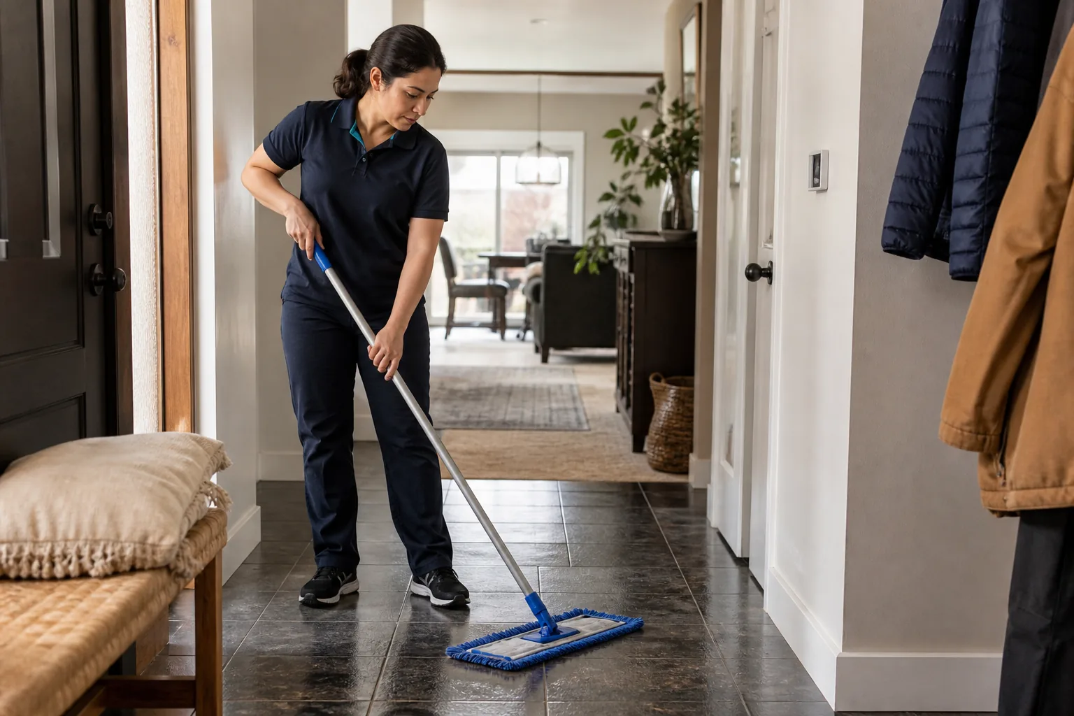 A house cleaner mopping a hard-floor entry in a lived-in home