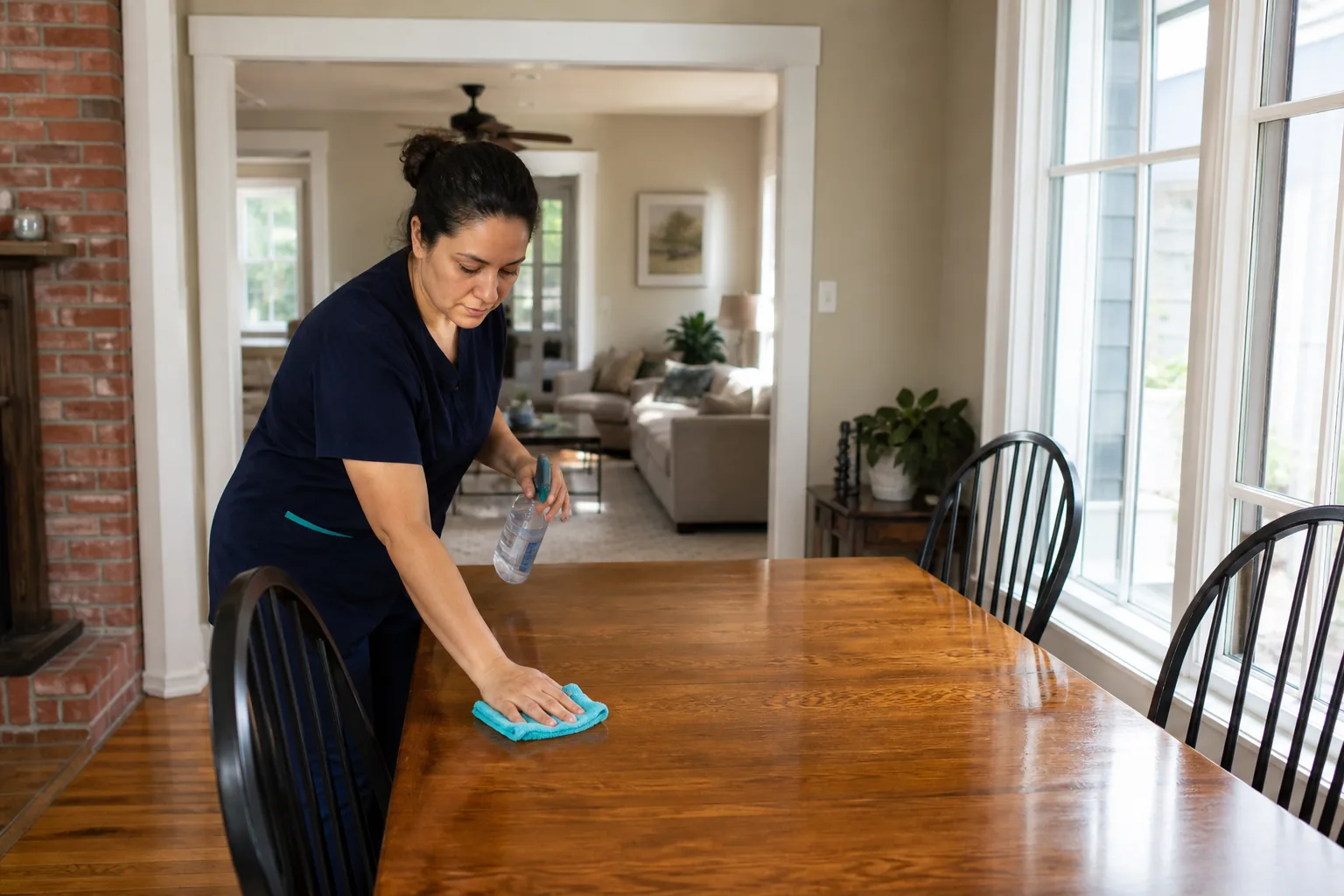 A house cleaner wiping a dining table in a lived-in home