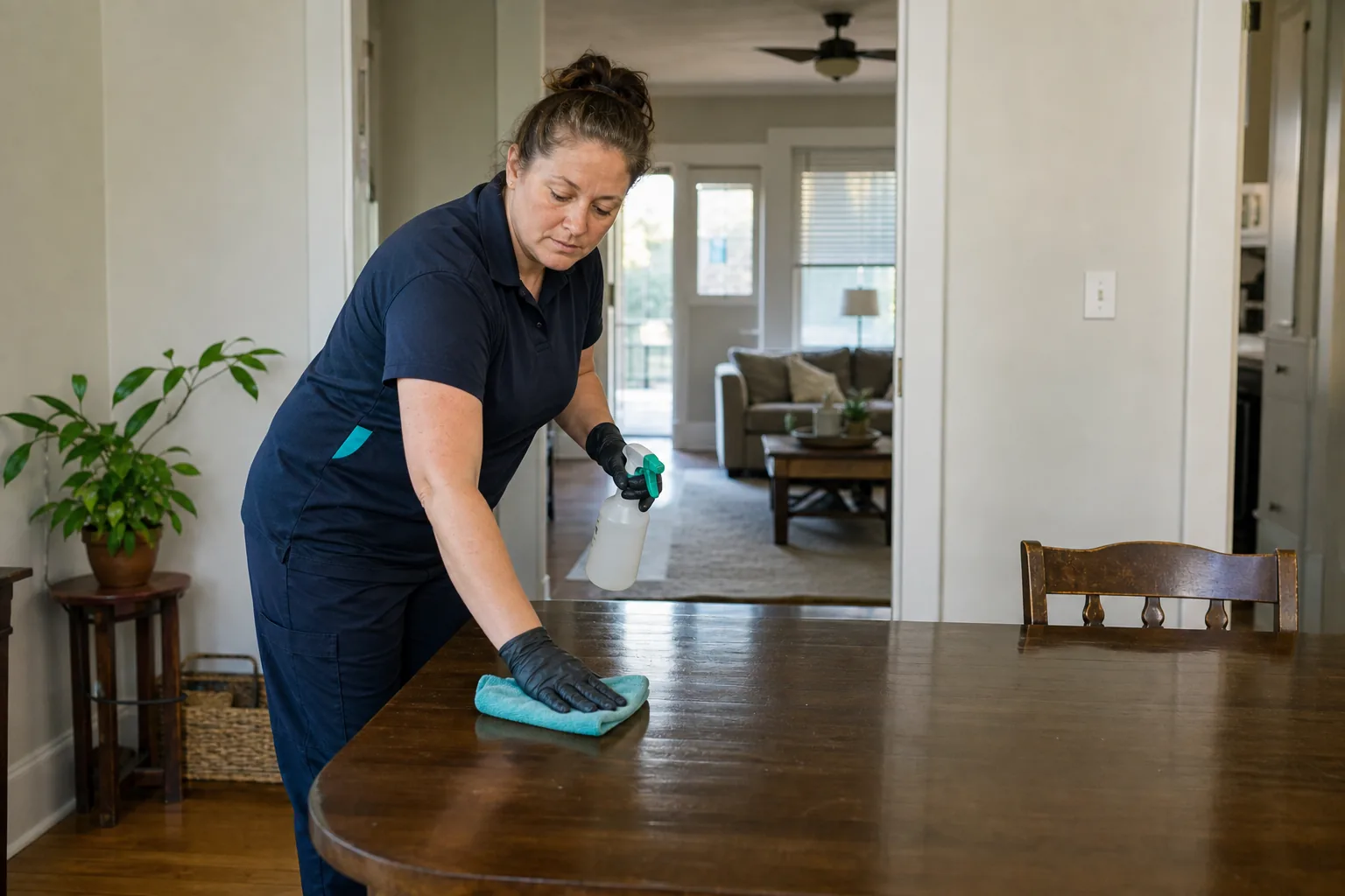 A house cleaner wiping a dining table in a lived-in home