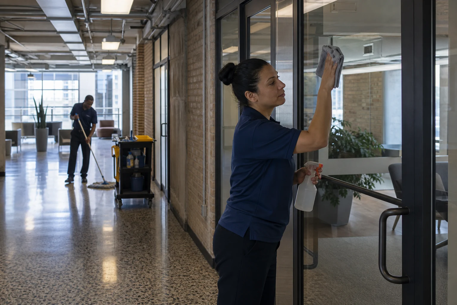Workplace cleaning setting representative of Chicago