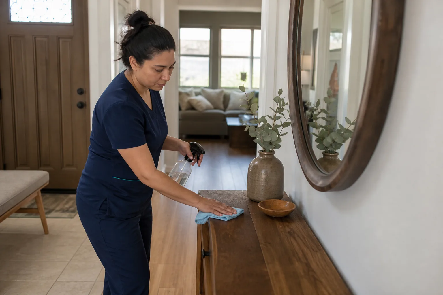 A house cleaner wiping a wood entry console in a lived-in home