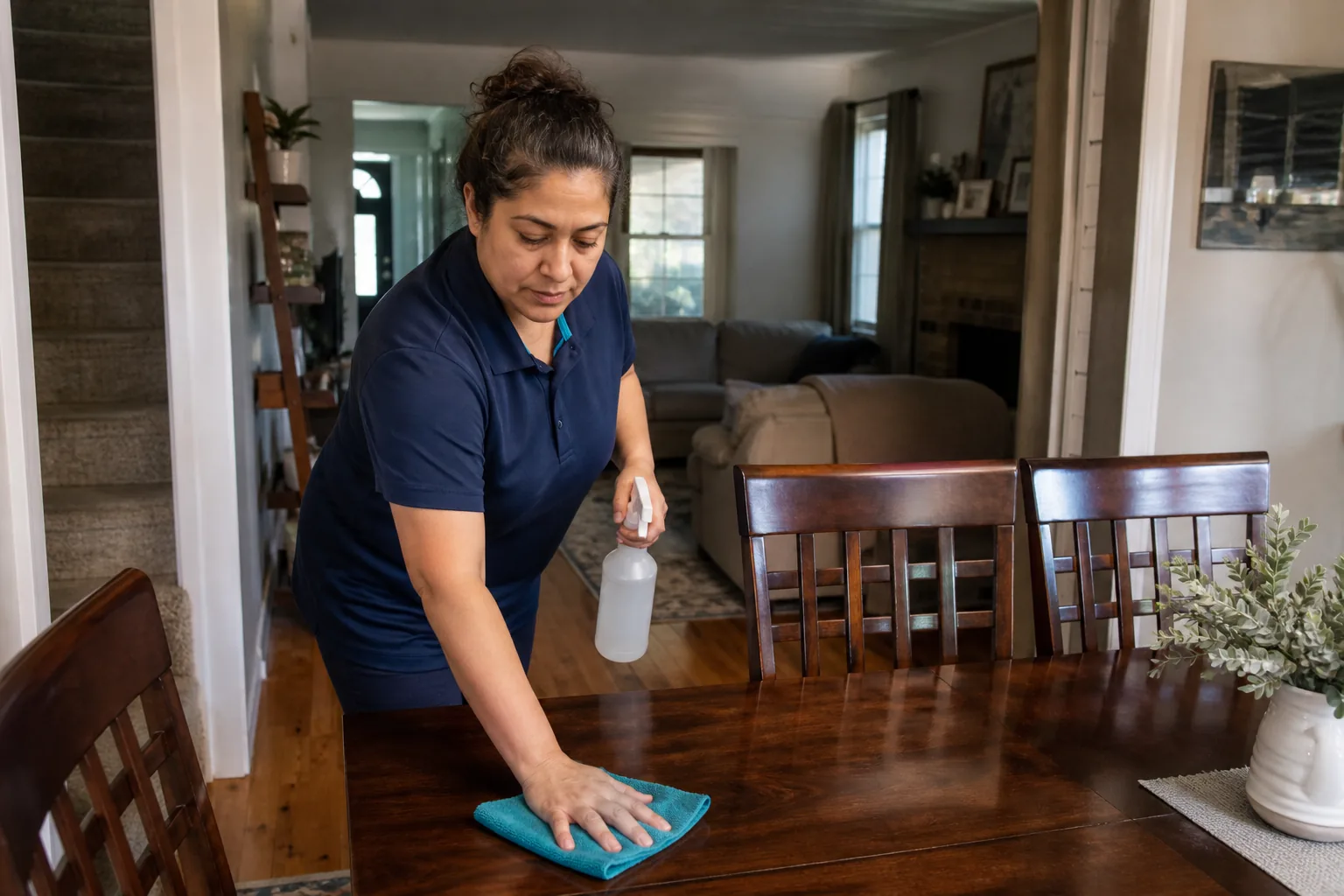 A house cleaner wiping a dining table in a lived-in home