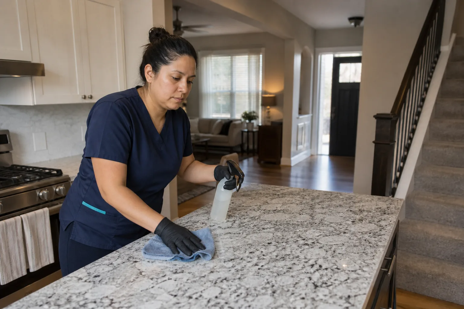 A house cleaner cleaning a kitchen island in a lived-in home