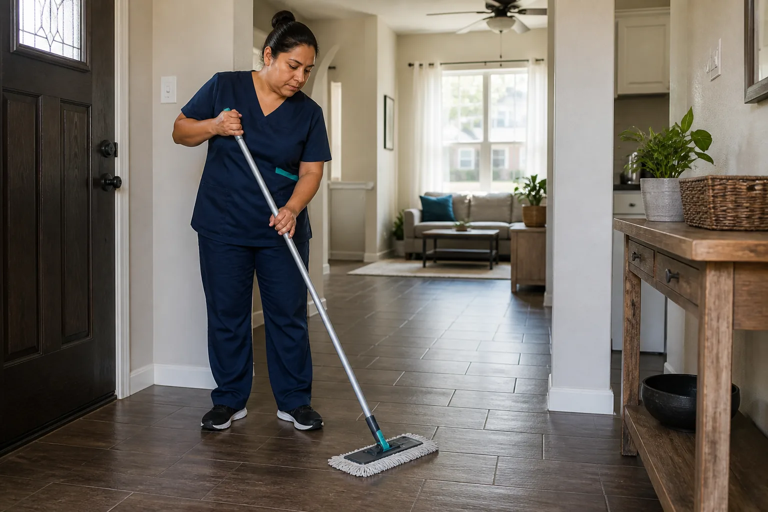 A house cleaner mopping a hard-floor entry in a lived-in home