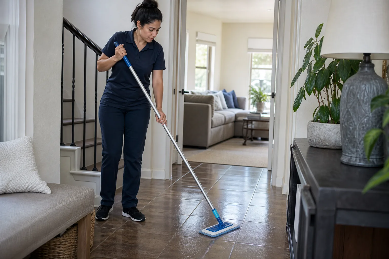A house cleaner mopping a hard-floor entry in a lived-in home