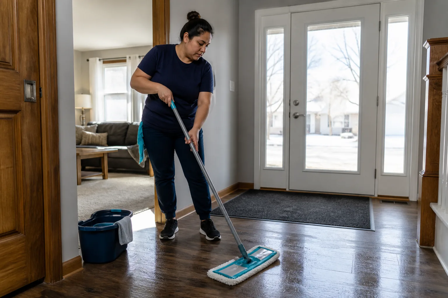 A house cleaner mopping a hard-floor entry in a lived-in home