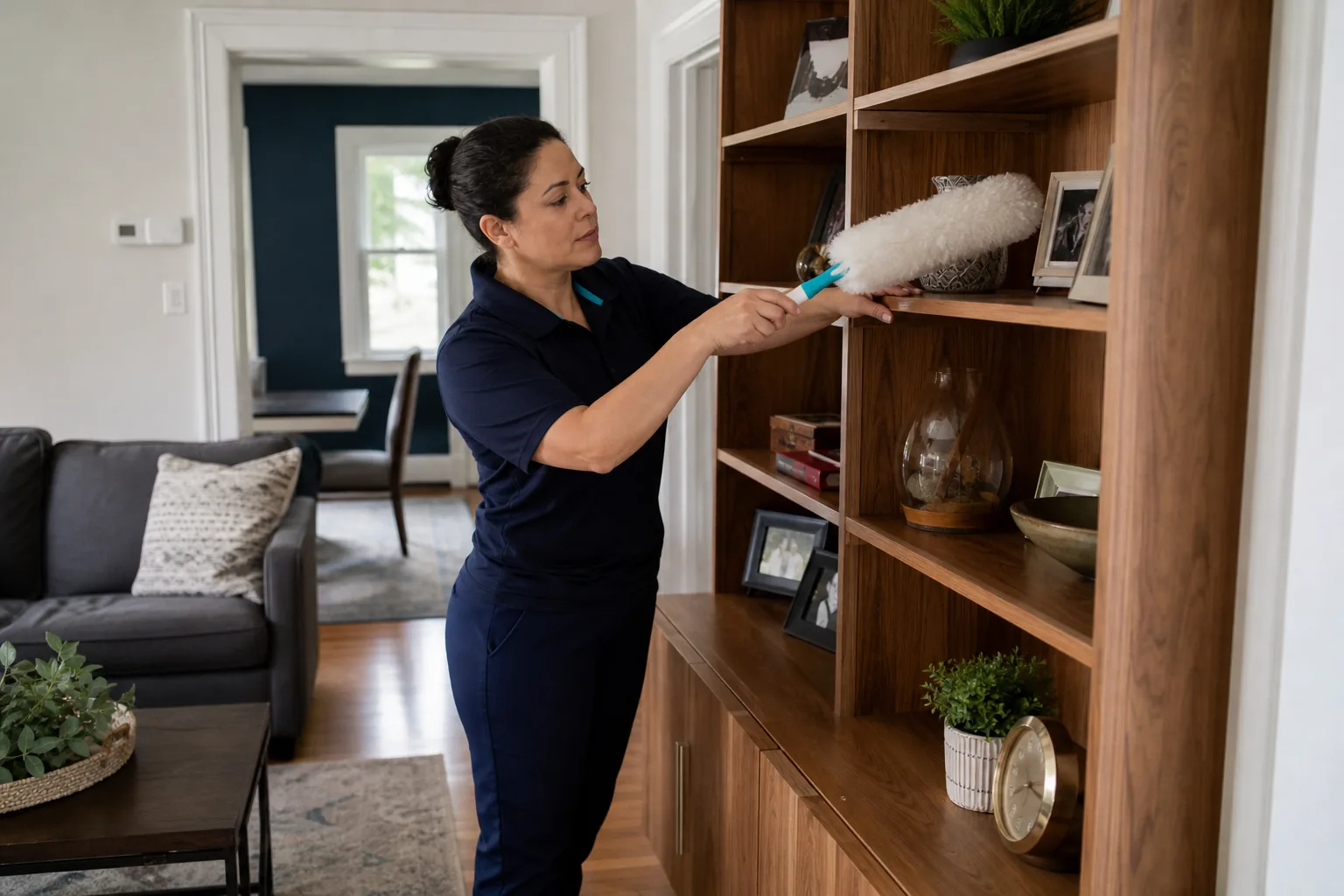 A house cleaner dusting open living-room shelving in a lived-in home