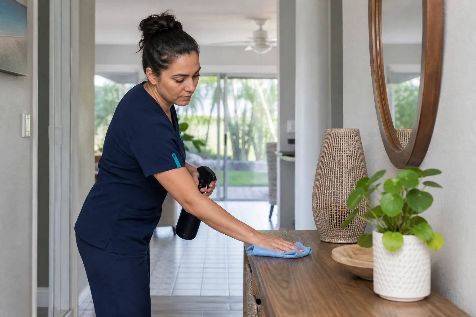 A house cleaner wiping a wood entry console in a lived-in home