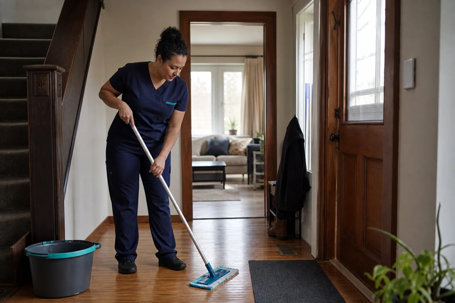 A house cleaner mopping a hard-floor entry in a lived-in home