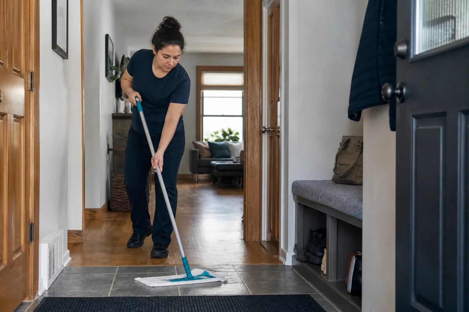 A house cleaner mopping a hard-floor entry in a lived-in home