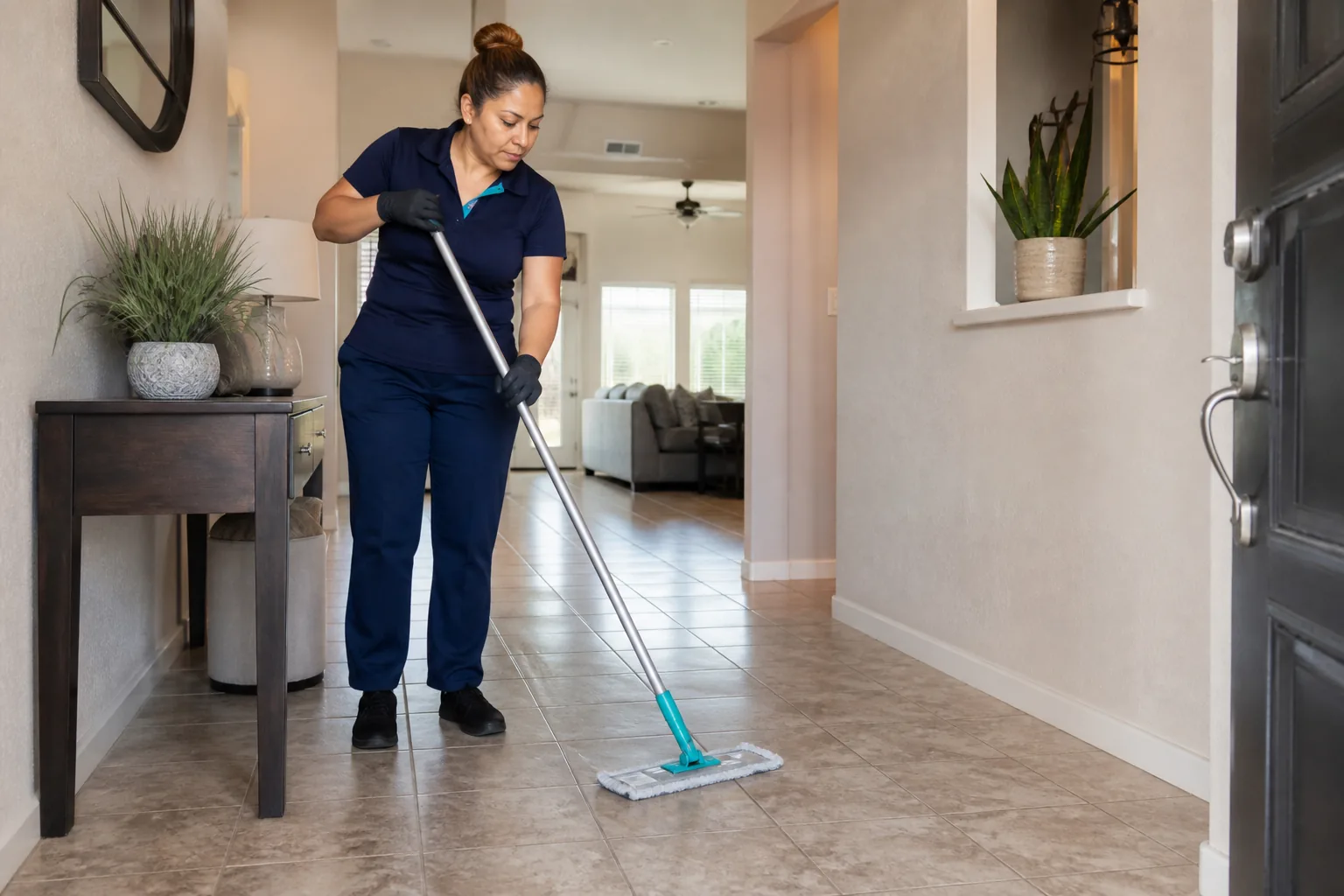 A house cleaner mopping a hard-floor entry in a lived-in home