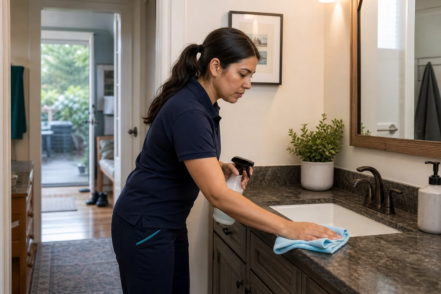 A house cleaner cleaning a bathroom vanity in a lived-in home