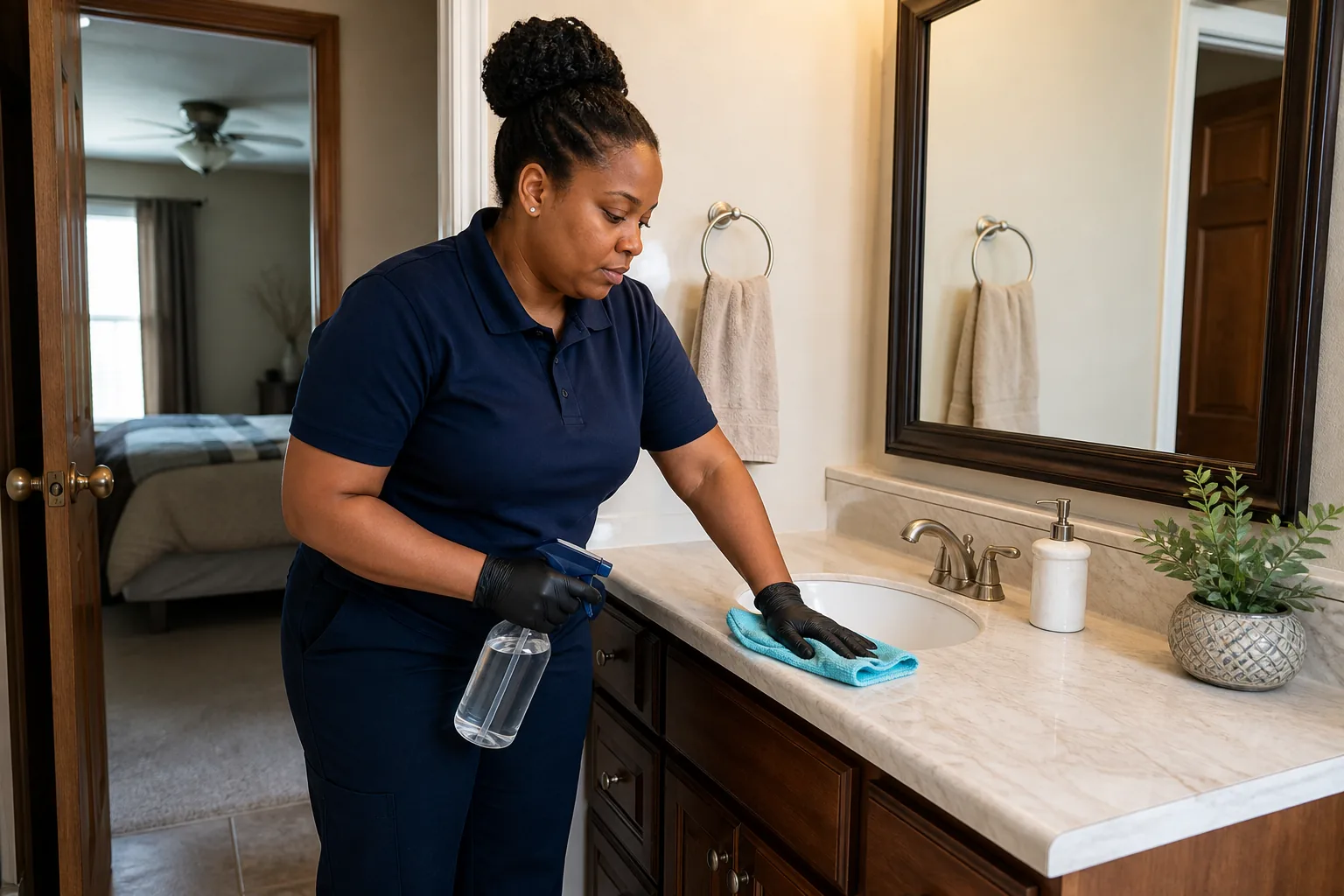 A house cleaner cleaning a bathroom vanity in a lived-in home