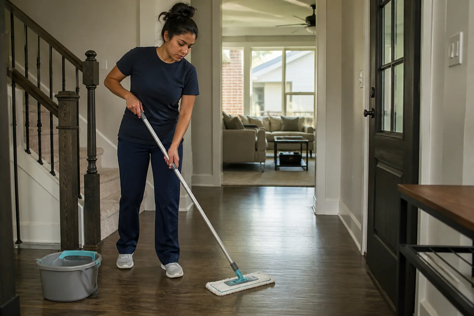 A house cleaner mopping a hard-floor entry in a lived-in home