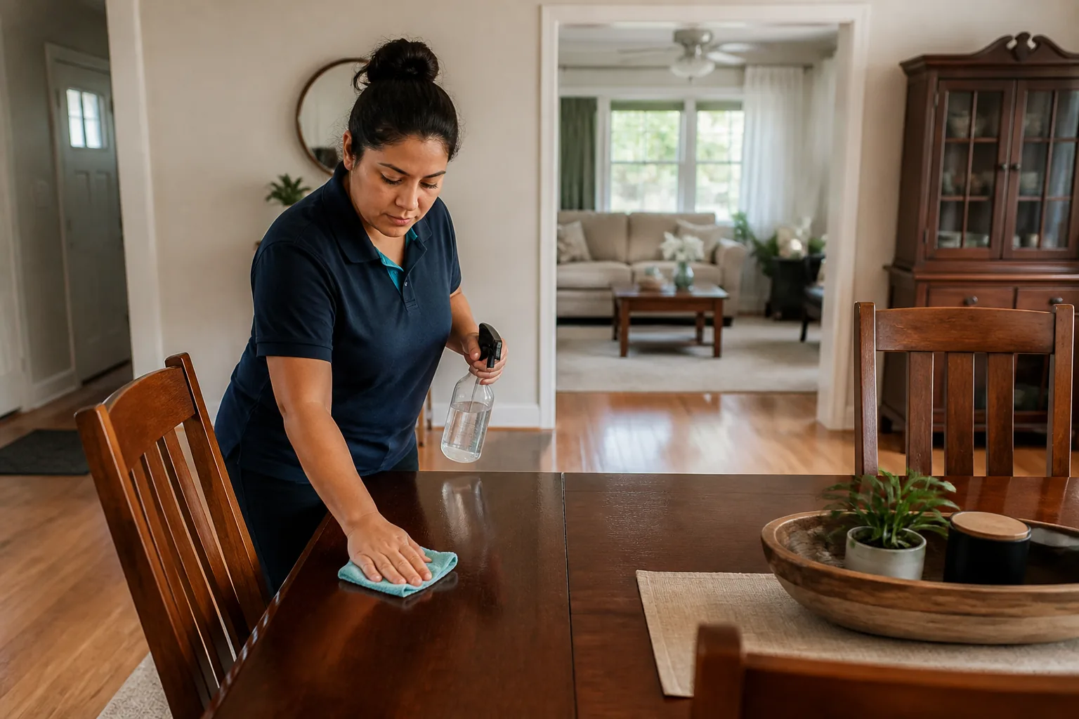 A house cleaner wiping a dining table in a lived-in home