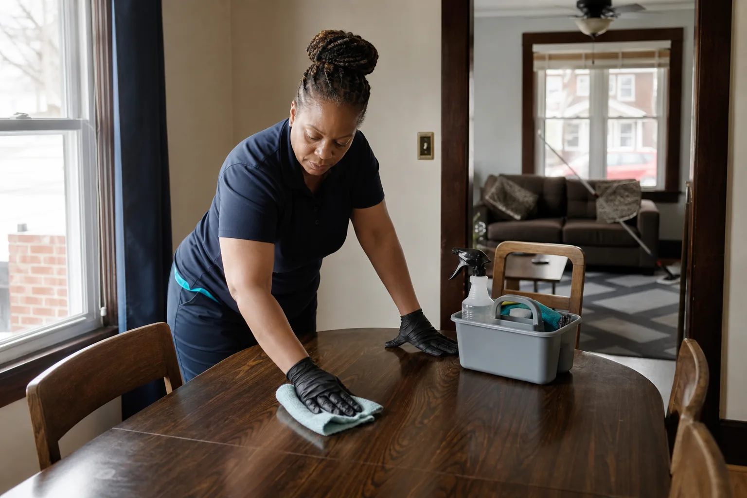 A house cleaner wiping a dining table in a lived-in home