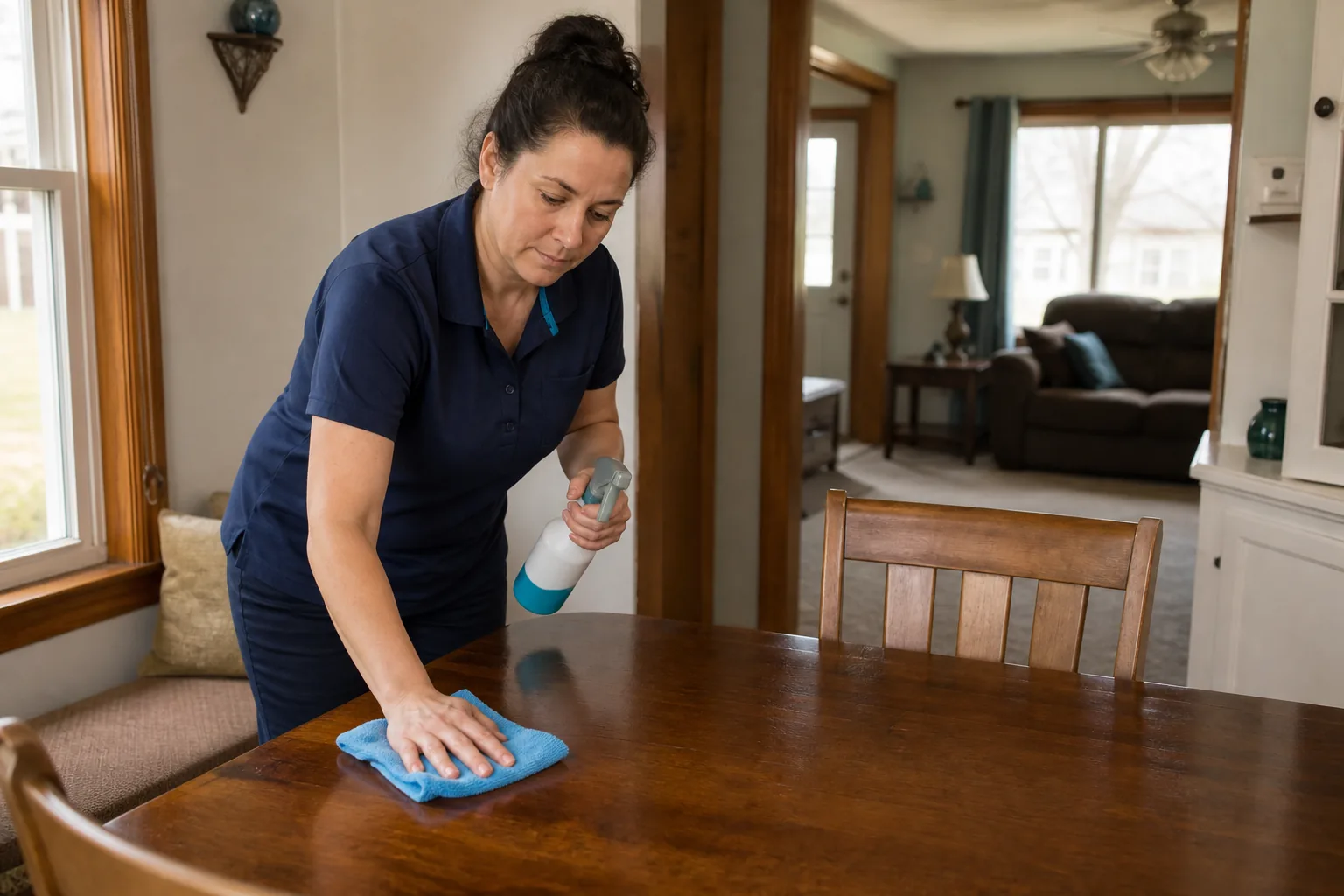 A house cleaner wiping a dining table in a lived-in home
