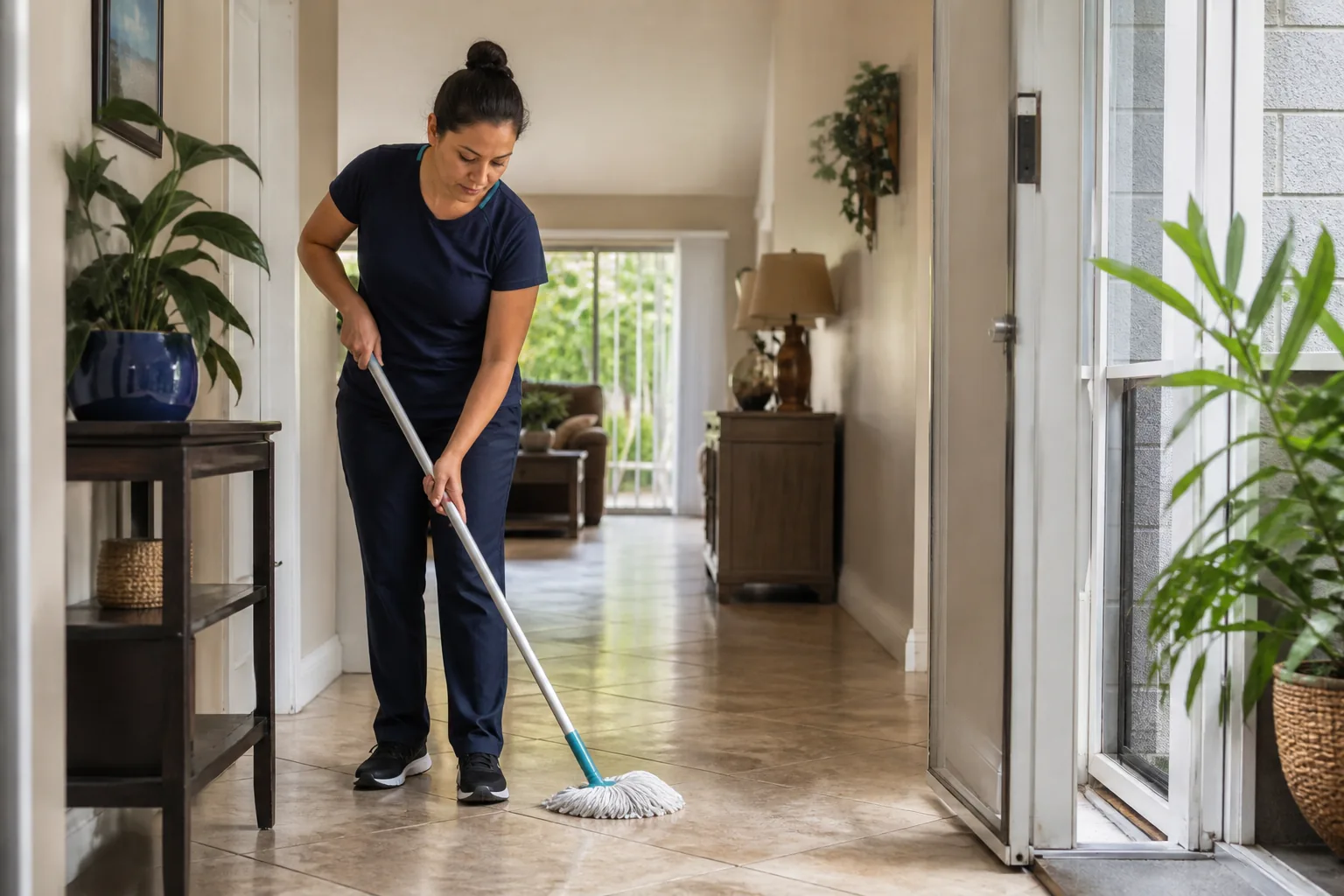 A house cleaner mopping a hard-floor entry in a lived-in home