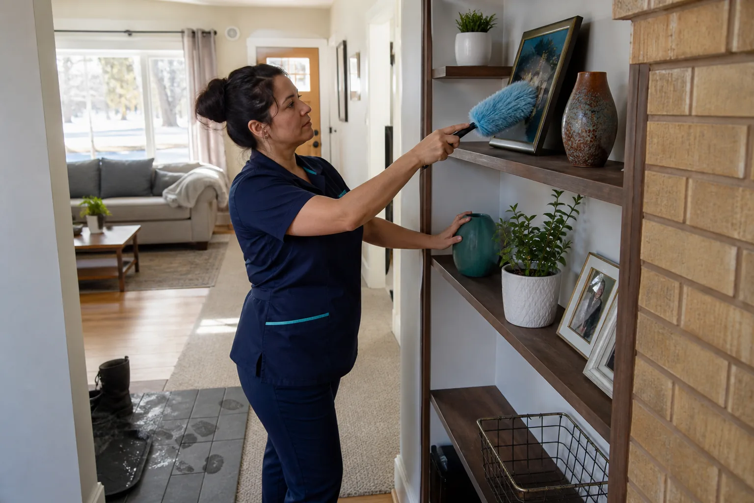 A house cleaner dusting open living-room shelving in a lived-in home