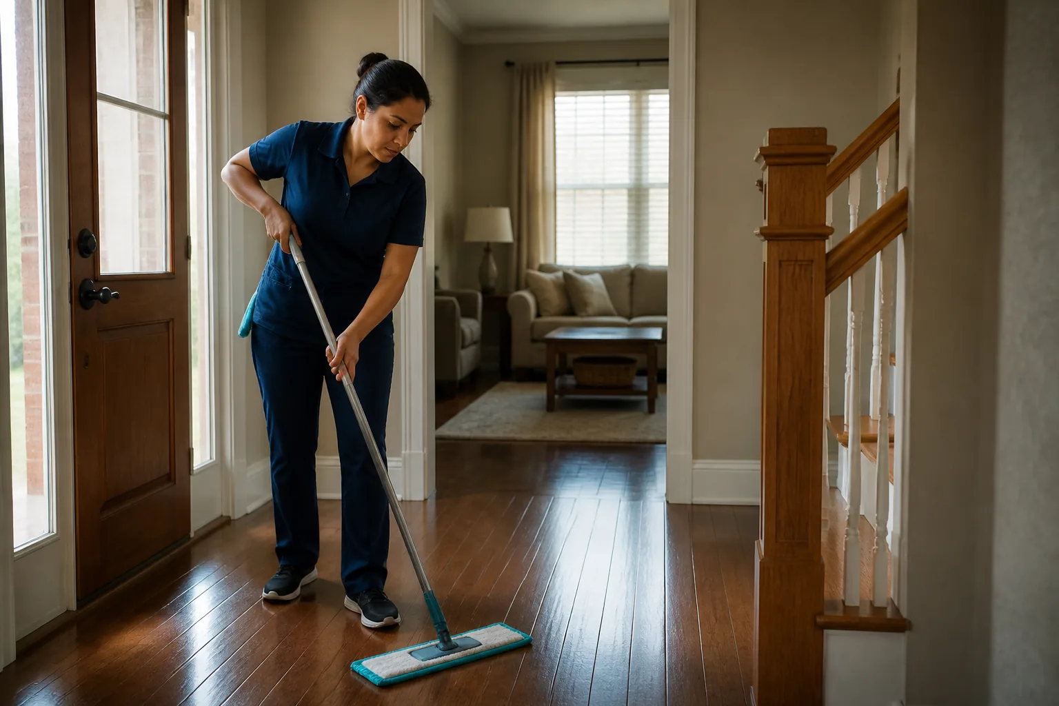 A house cleaner mopping a hard-floor entry in a lived-in home