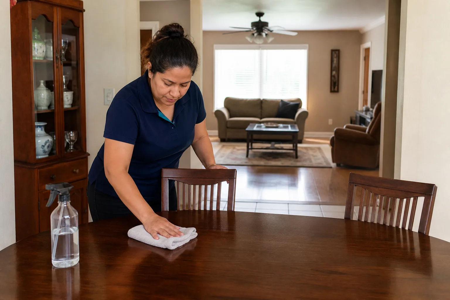 A house cleaner wiping a dining table in a lived-in home