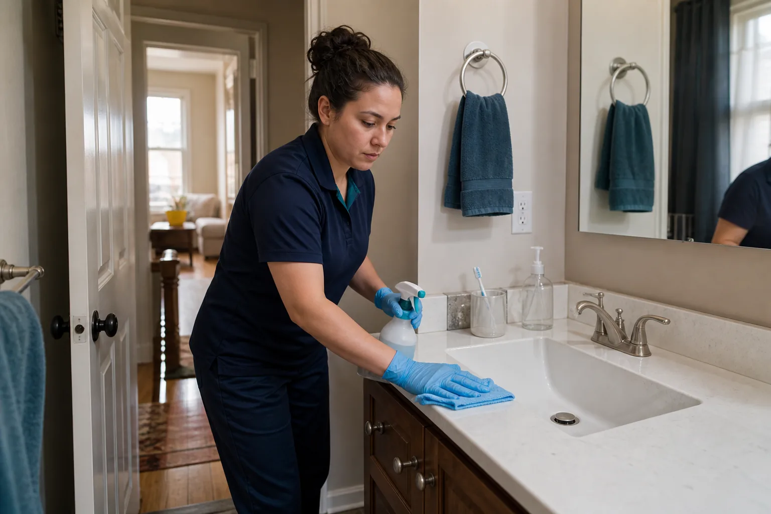 A house cleaner cleaning a bathroom vanity in a lived-in home