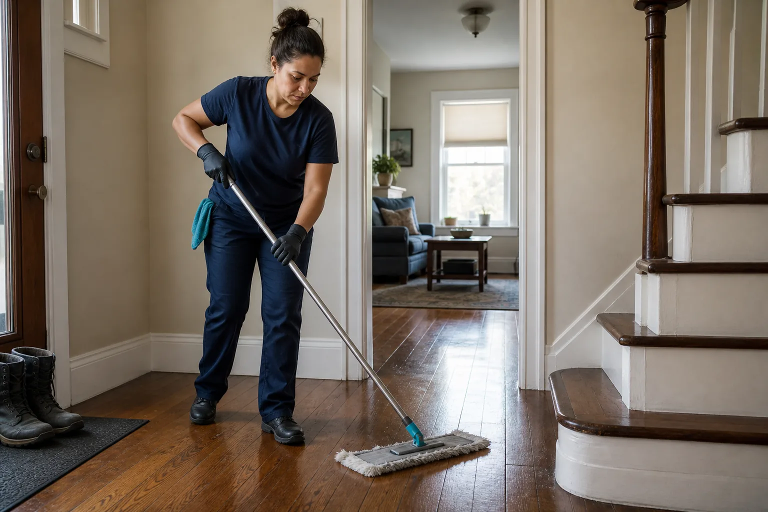 A house cleaner mopping a hard-floor entry in a lived-in home
