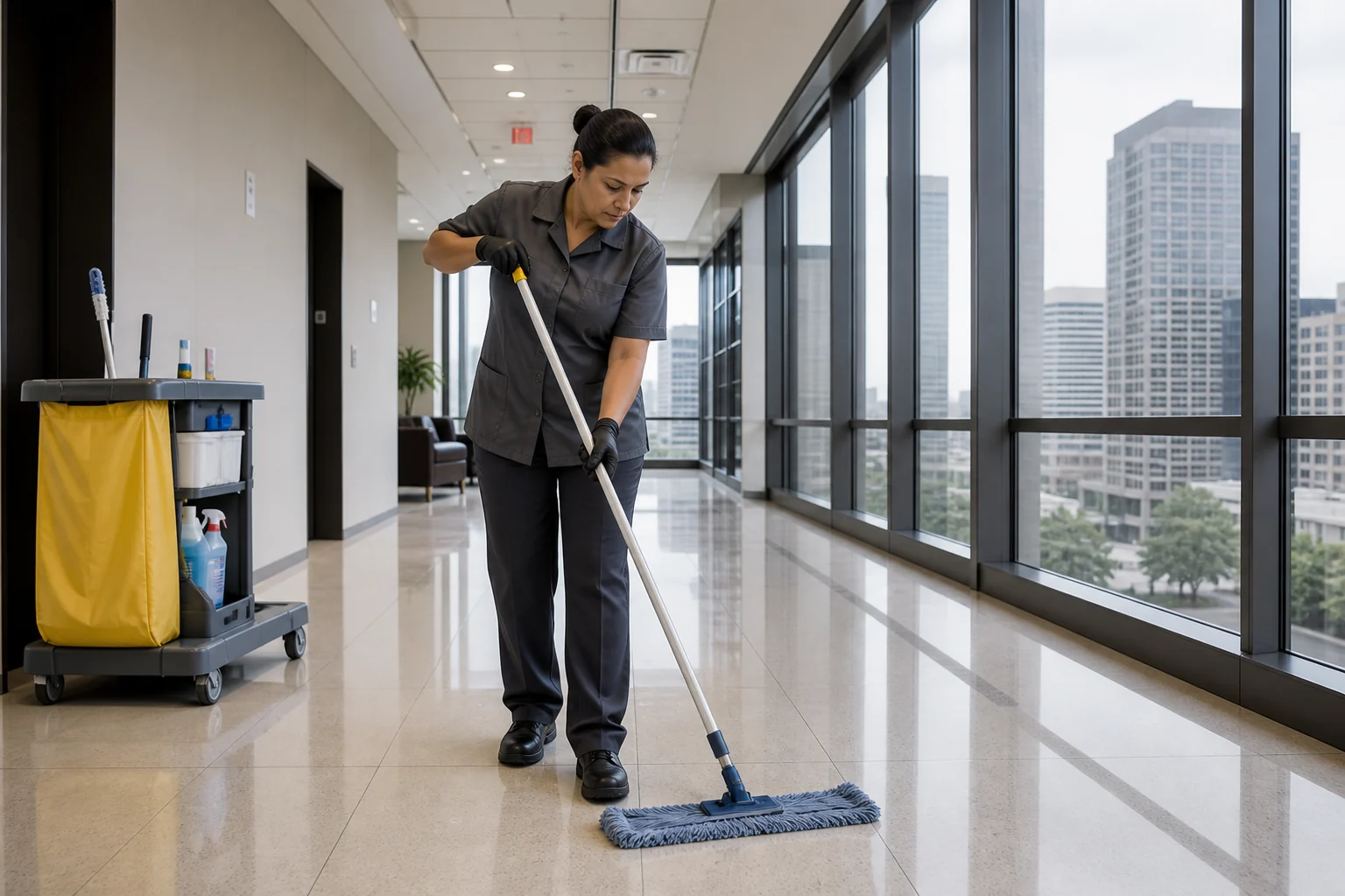 Workplace cleaning setting representative of Houston