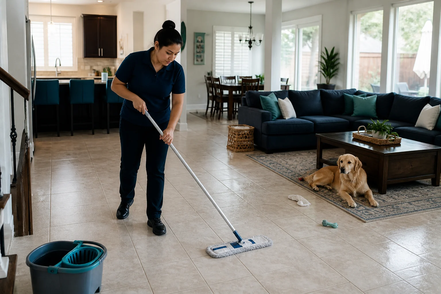 Residential cleaning scene grounded in Houston property styles