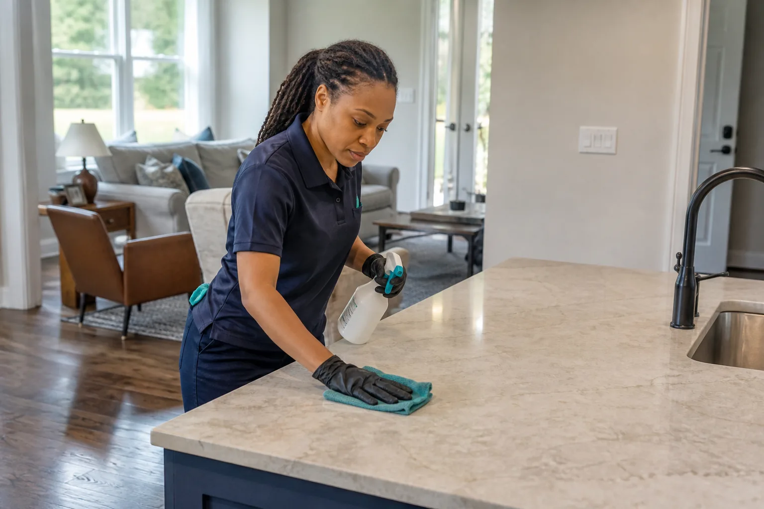 A house cleaner cleaning a kitchen island in a lived-in home