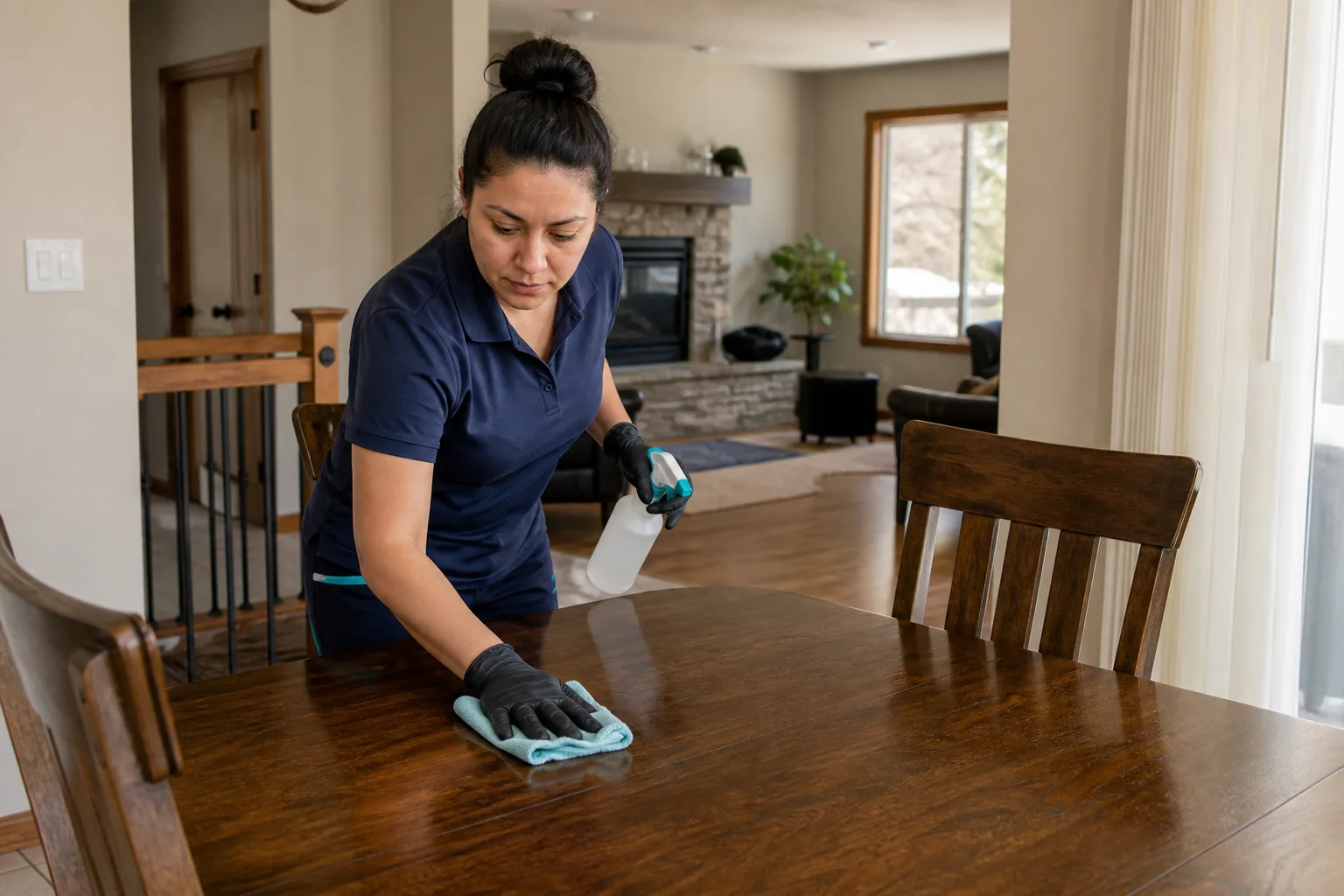 A house cleaner wiping a dining table in a lived-in home