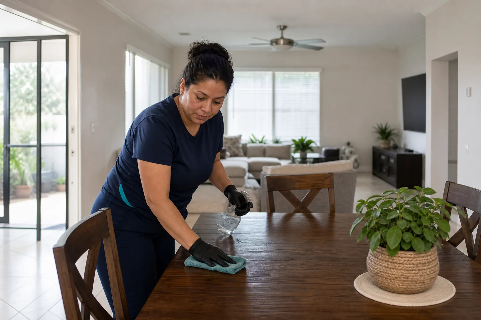 A house cleaner wiping a dining table in a lived-in home