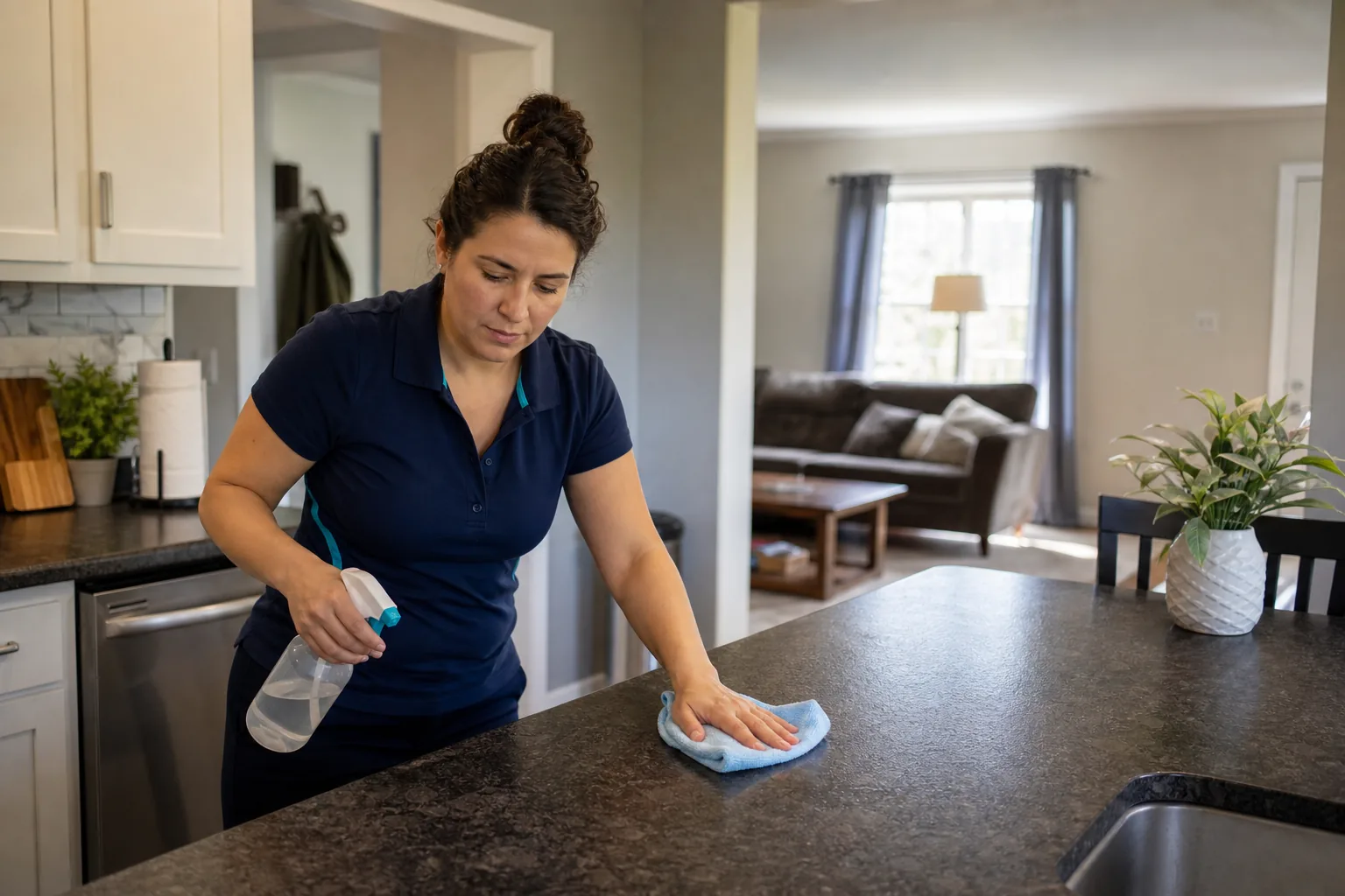 A house cleaner cleaning a kitchen island in a lived-in home