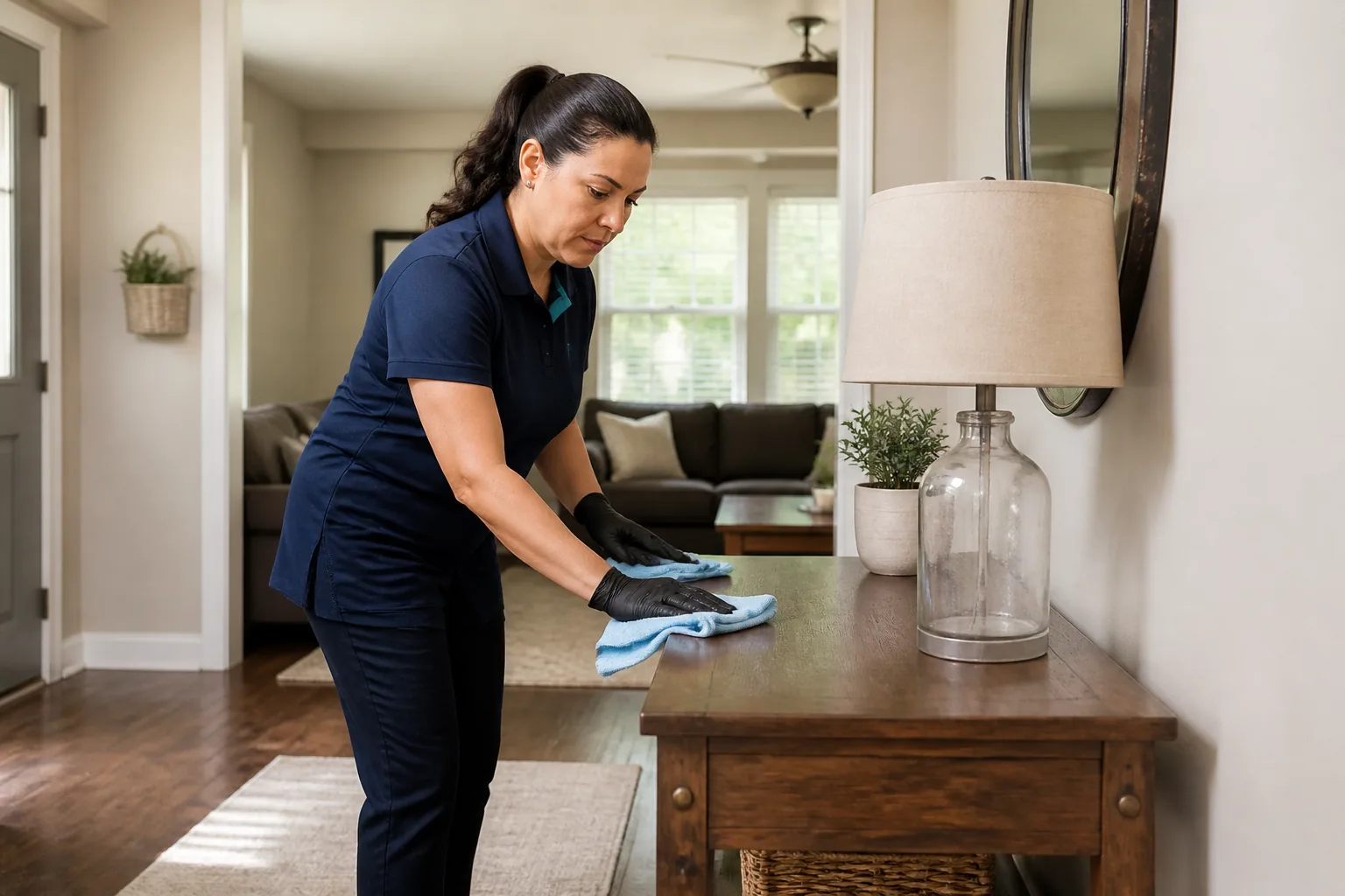 A house cleaner wiping a wood entry console in a lived-in home
